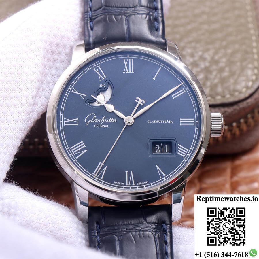Glashutte Senator Moon Phase 1-36-04 V9 Factory Blue Leather Strap-Rep Time Watches