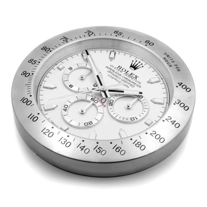 ROLEX DAYTONA WALL CLOCK SILVER WHITE STAINLESS STEEL EDITION - 35CM DELUXE METAL WALL CLOCK
