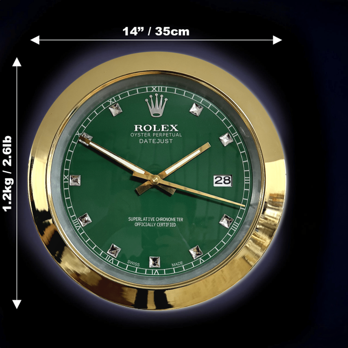 DATEJUST – CHROME – GREEN 5 EDITION DELUXE METAL WALL CLOCK, 35 CM