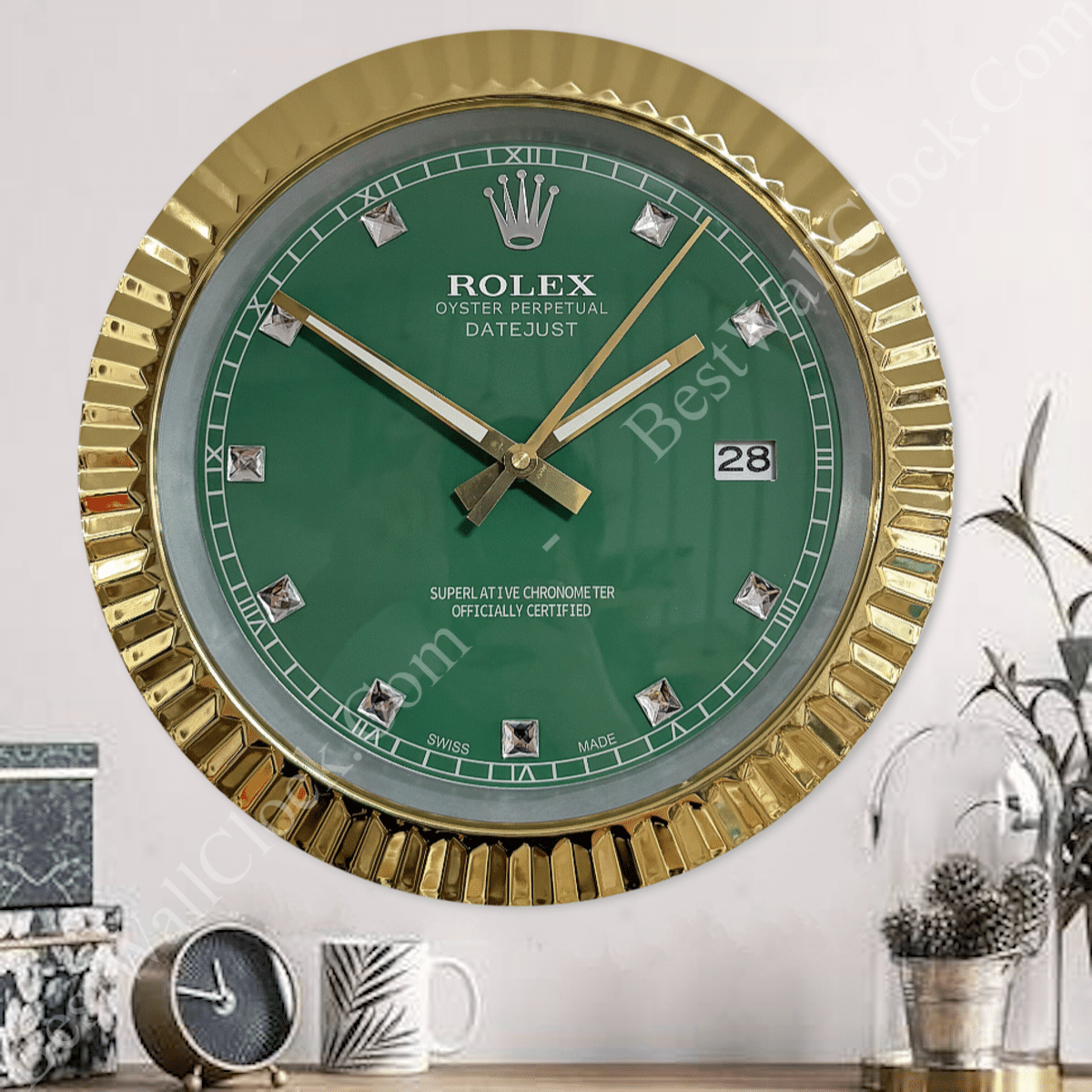 DATEJUST – GOLD CHROME – GREEN 7 DELUXE METAL WALL CLOCK 35 CM