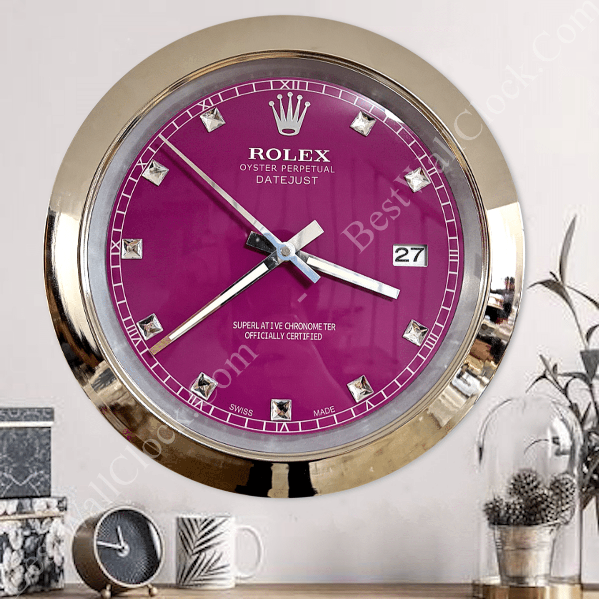 DATEJUST – CHROME – PURPLE 1 DELUXE METAL WALL CLOCK 35 CM