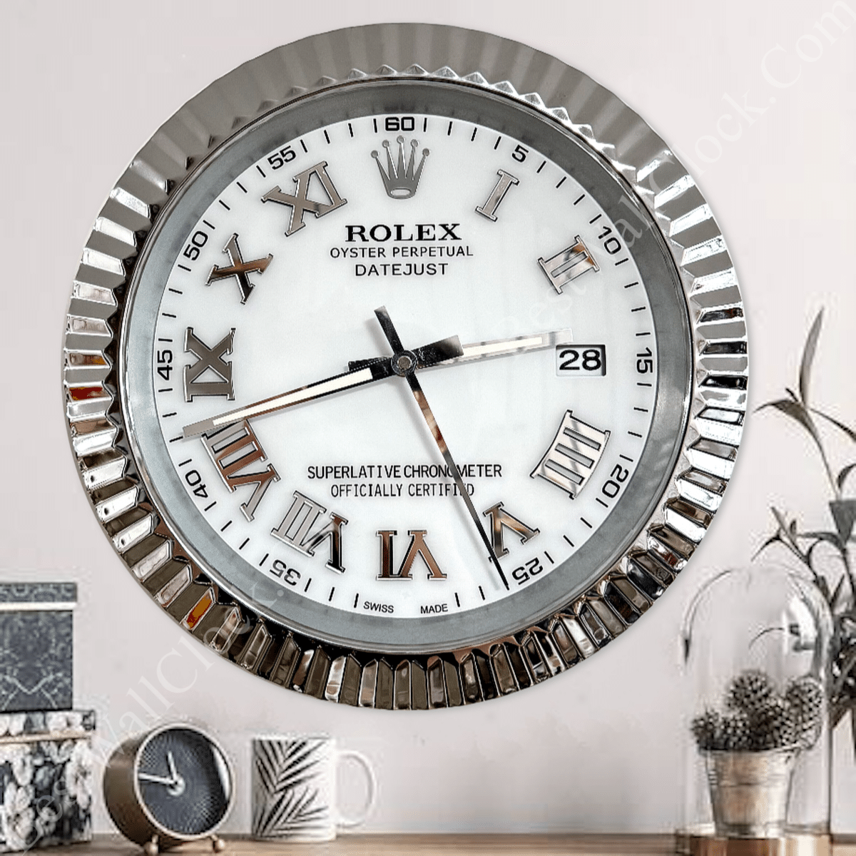 DATEJUST – ROSE SILVER – WHITE EDITION 35 CM DELUXE METAL WALL CLOCK
