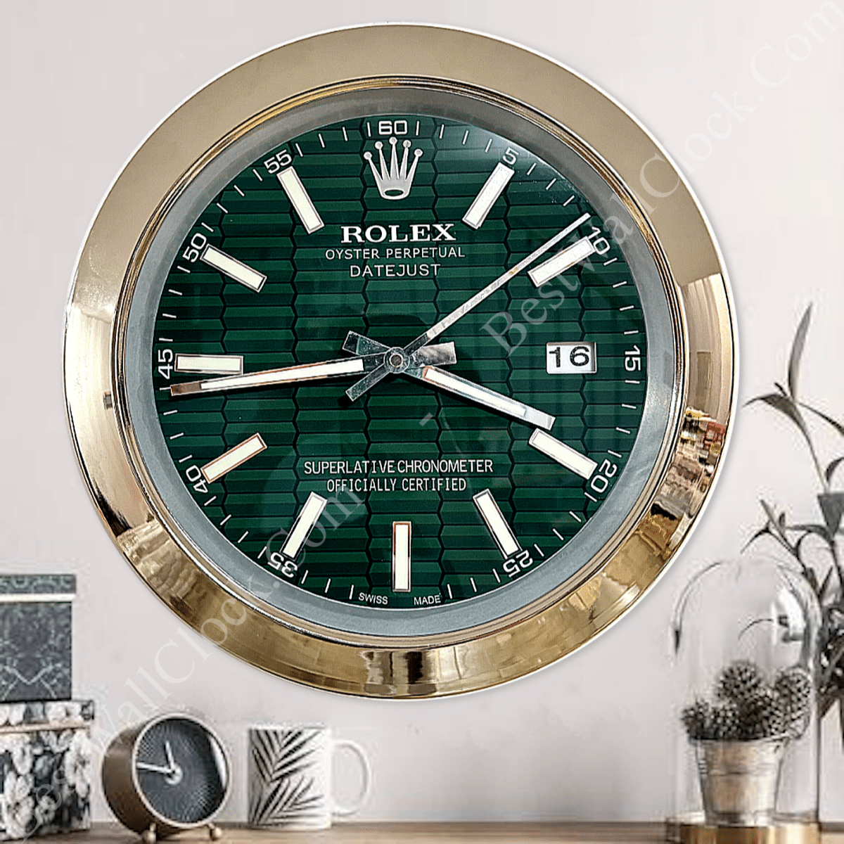 DATEJUST – SILVER – GREEN- 2 EDITION 35 CM DELUXE METAL WALL CLOCK