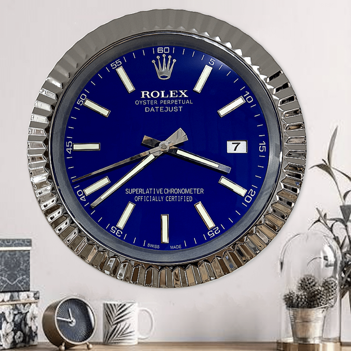DATEJUST – ROSE SILVER – BLUE-2 DELUXE METAL WALL CLOCK 35 CM