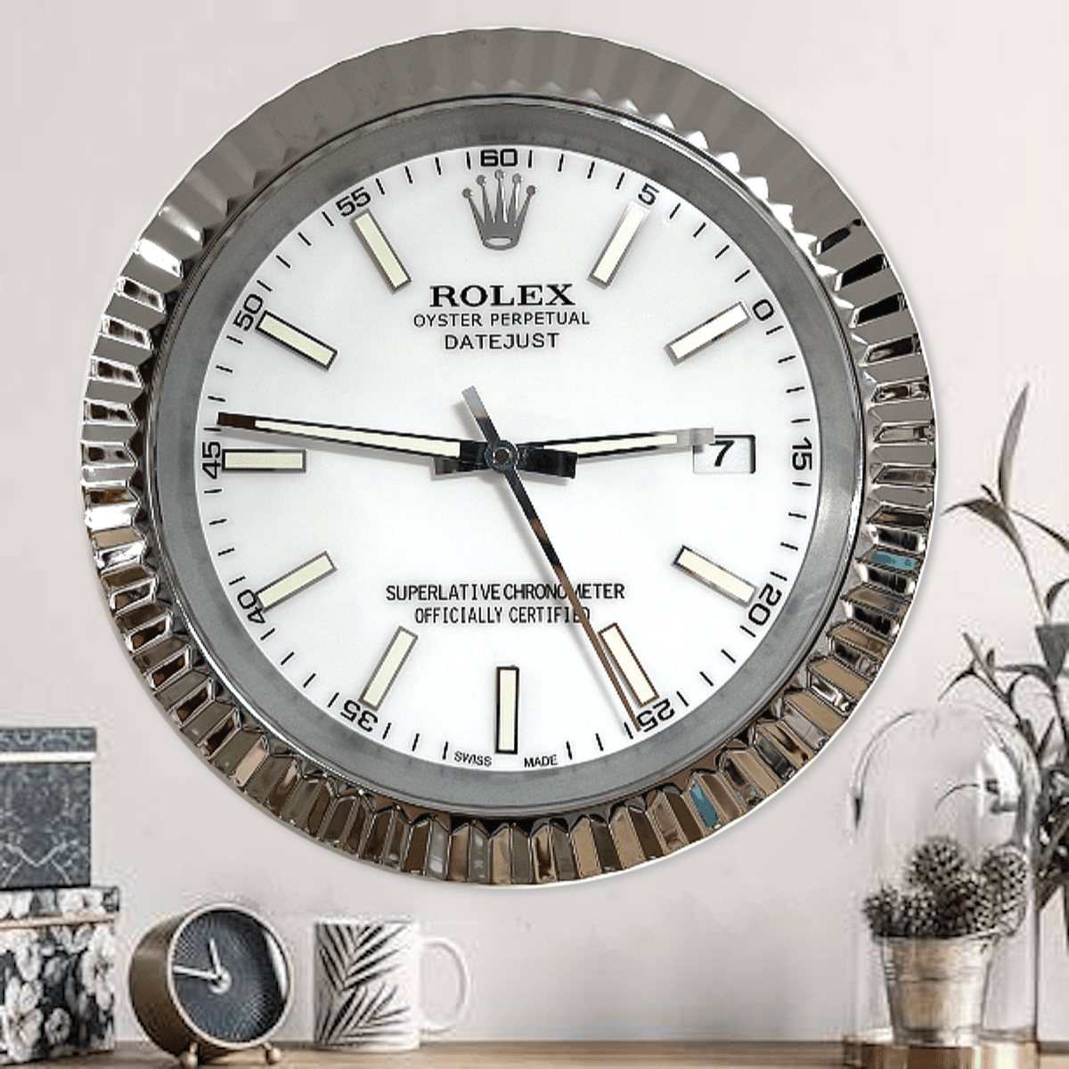 DATEJUST – ROSE SILVER – WHITE – 2 EDITION 35 CM DELUXE METAL WALL CLOCK