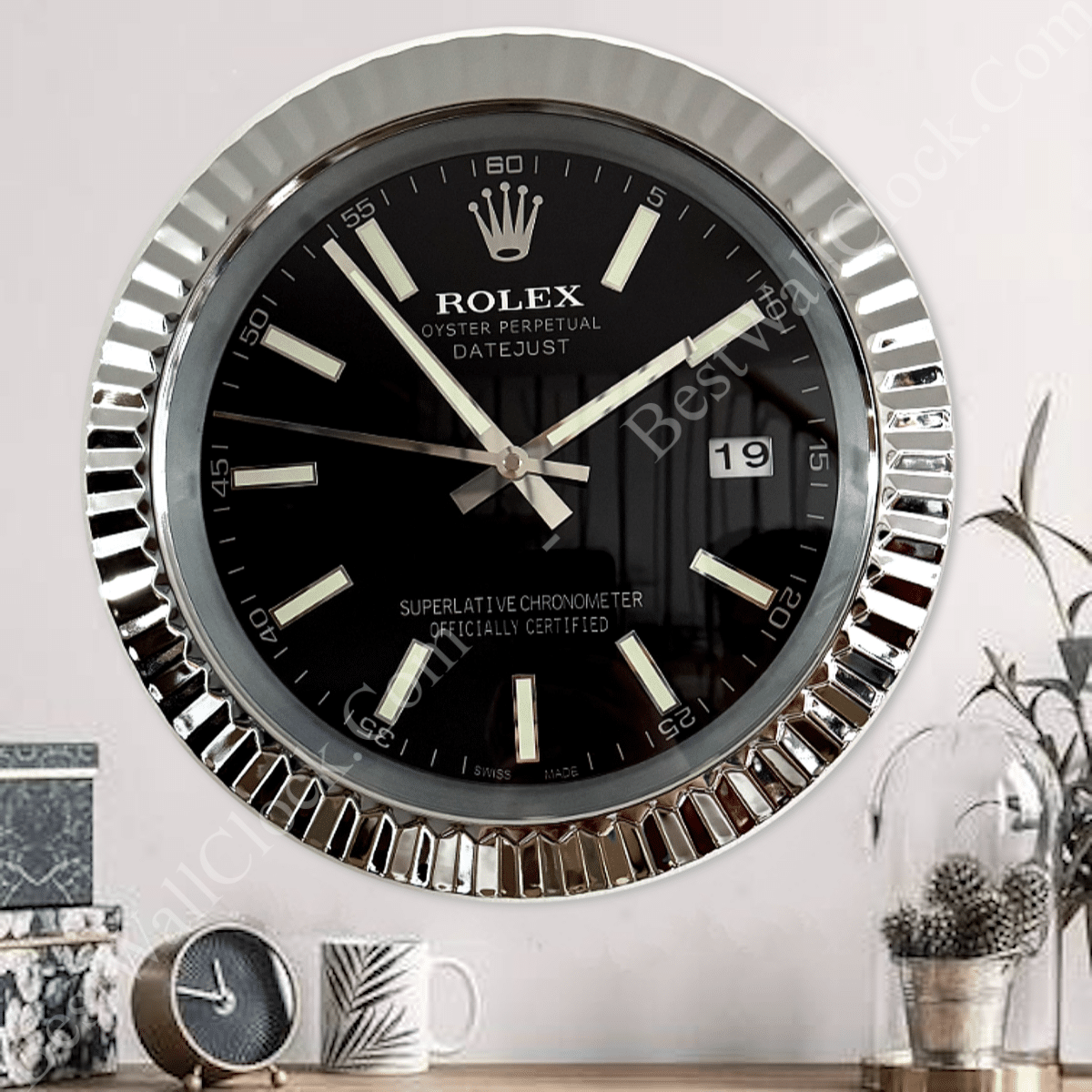 DATEJUST – ROSE SILVER – BLACK DELUXE METAL WALL CLOCK 35 CM