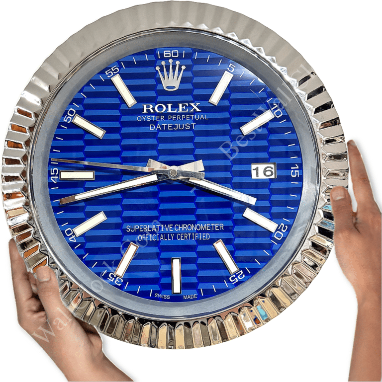 DATEJUST – ROSE SILVER – BLUE – 3 DELUXE METAL WALL CLOCK 35 CM