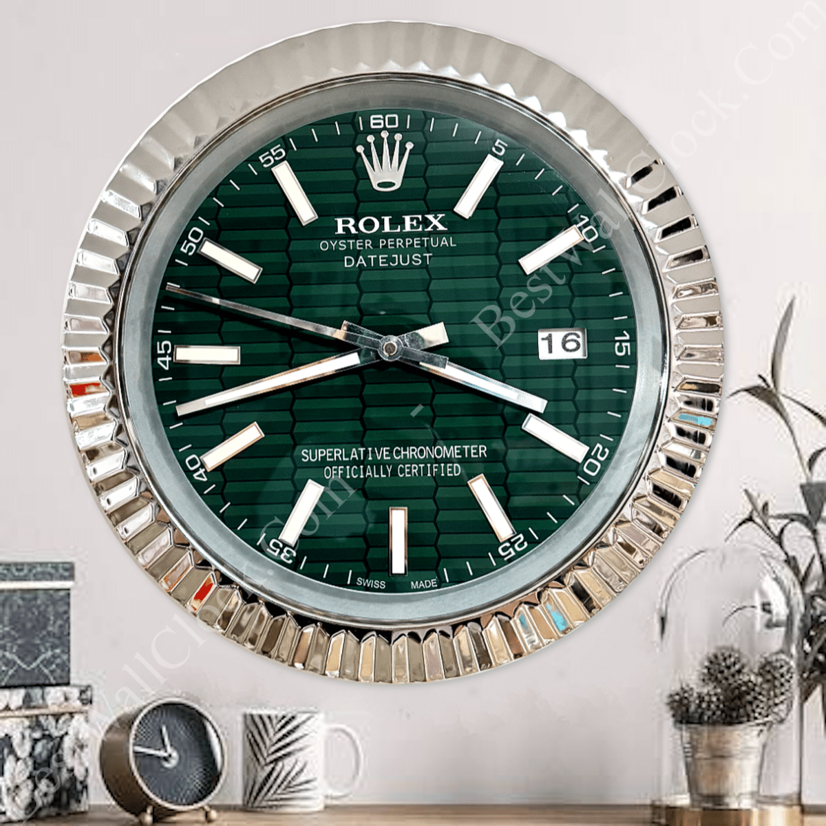 DATEJUST – ROSE SILVER – GREEN – 3 DELUXE METAL WALL CLOCK 35 CM