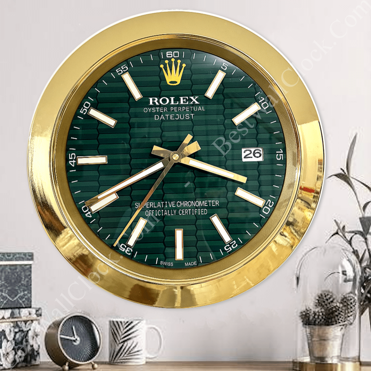 DATEJUST – GOLD – GREEN – 3 DELUXE METAL WALL CLOCK 35 CM