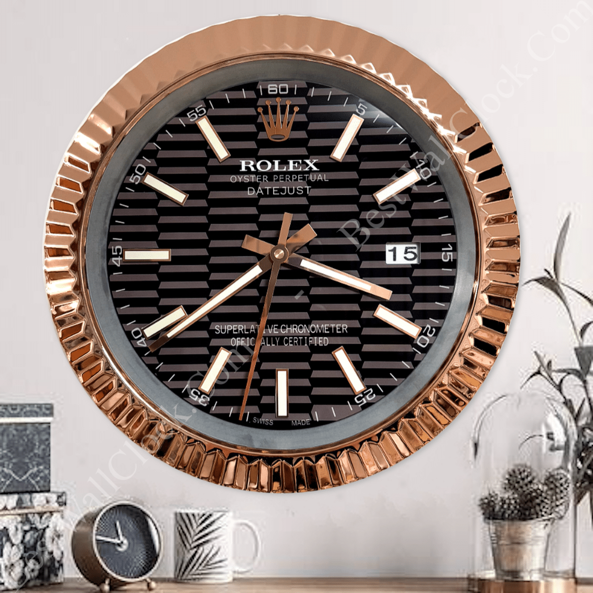 DATEJUST – ROSE GOLD CHROME – BLACK 35 CM DELUXE METAL WALL CLOCK