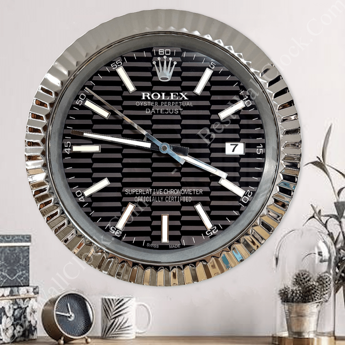 DATEJUST – ROSE SILVER – BLACK – 2 EDITION 35 CM DELUXE METAL WALL CLOCK