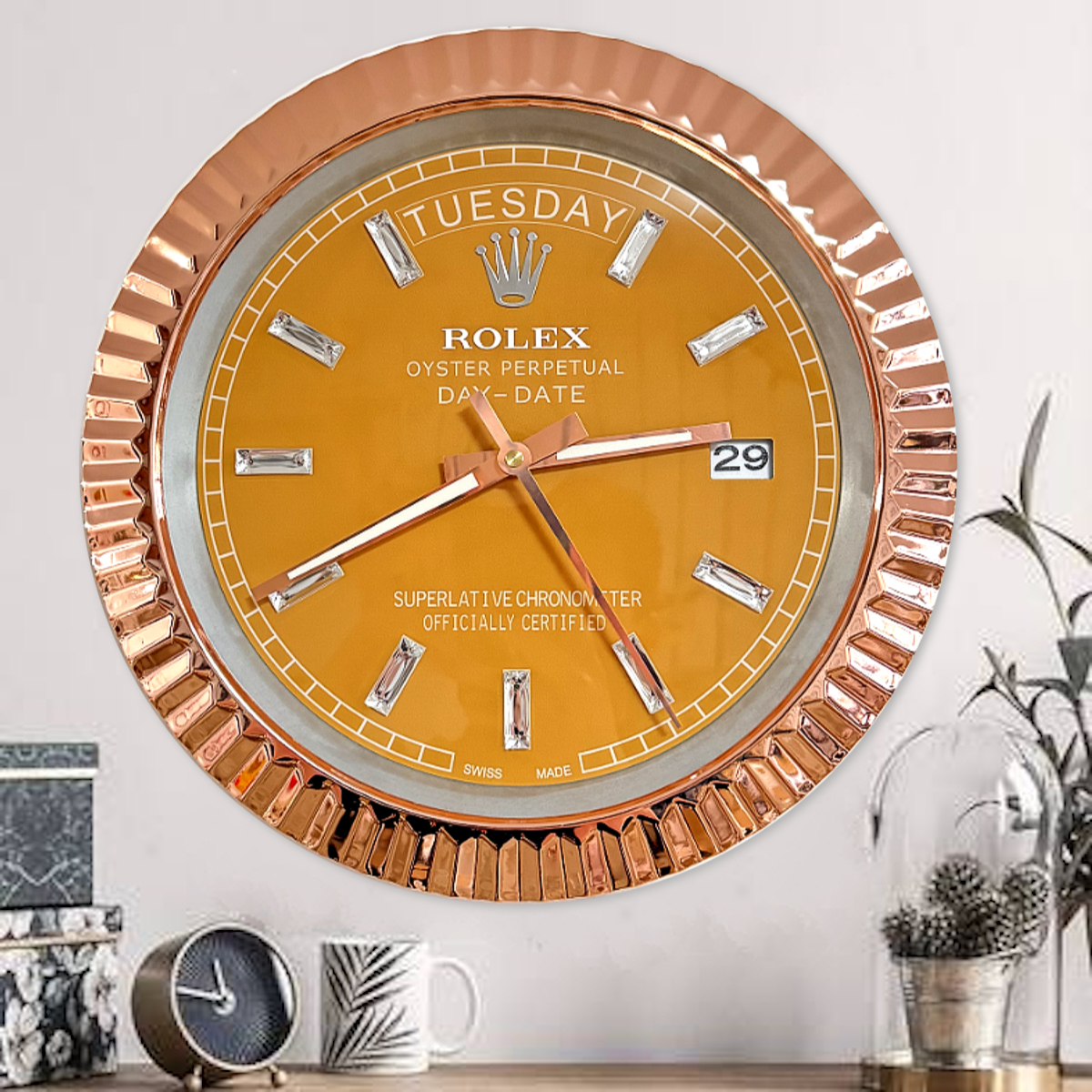 DAY DATE – ROSE GOLD CHROME – YELLOW EDITION 35 CM DELUXE METAL WALL CLOCK