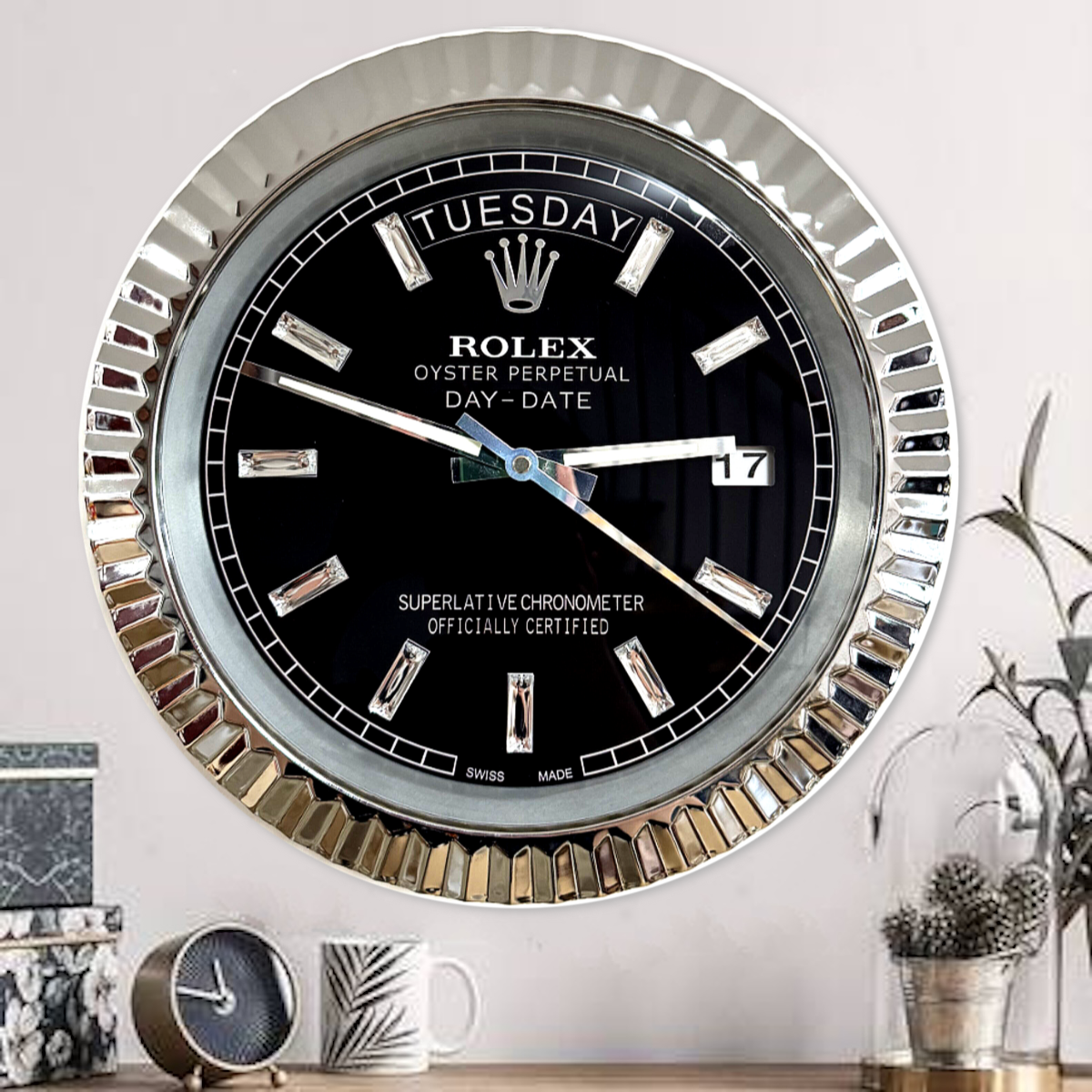 DAY DATE – ROSE SILVER – BLACK EDITION 35 CM DELUXE METAL WALL CLOCK