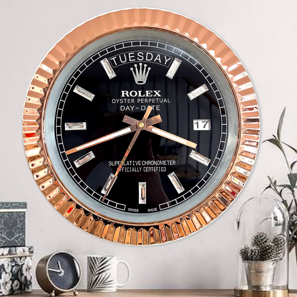 DAY DATE – ROSE GOLD CHROME – BLACK EDITION 35 CM DELUXE METAL WALL CLOCK