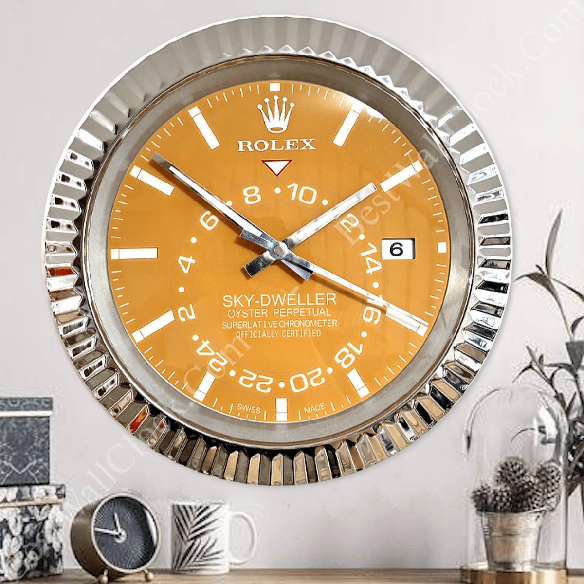 SKY DWELLER – ROSE SILVER – YELLOW EDITION 35 CM DELUXE METAL WALL CLOCK