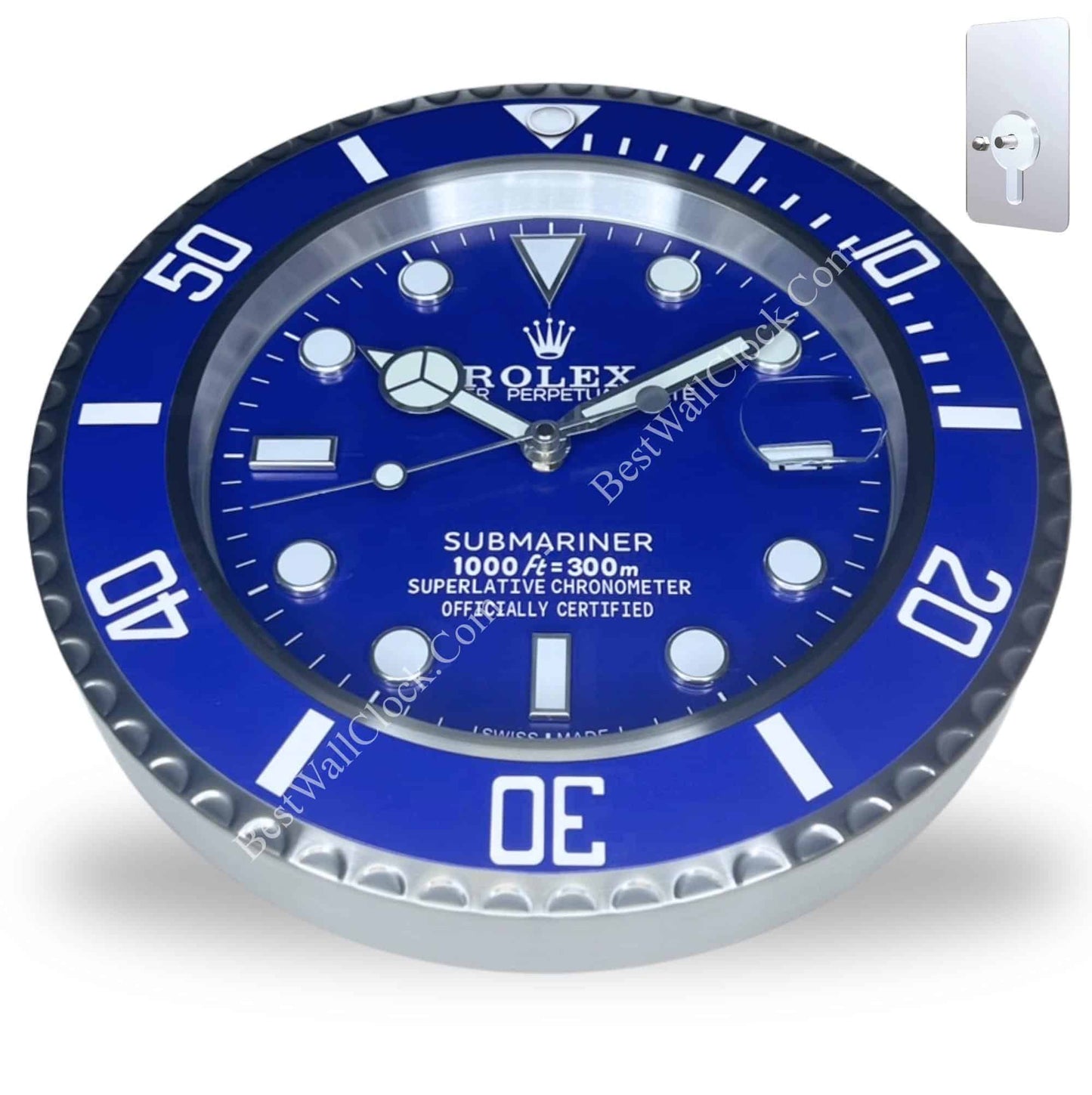ROLEX SUBMARINER WALL CLOCK - VIVID BLUE DIAL, WHITE BEZEL, STAINLESS STEEL, 35CM
