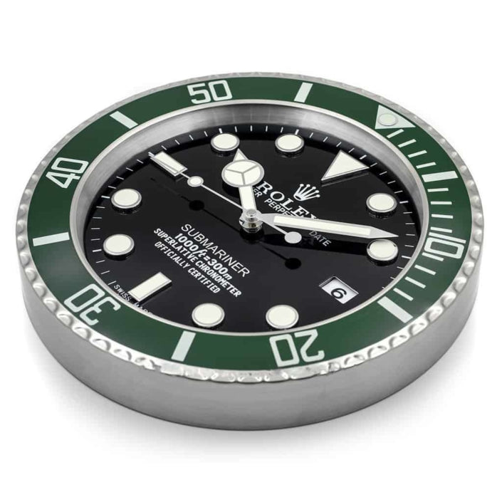 ROLEX SUBMARINER WALL CLOCK - BLACK DIAL, GREEN “STARBUCK” BEZEL, STAINLESS STEEL, 35CM