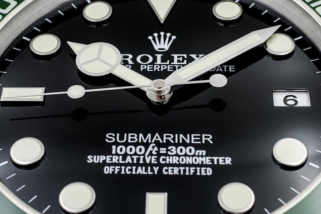 ROLEX SUBMARINER WALL CLOCK - BLACK DIAL, GREEN “STARBUCK” BEZEL, STAINLESS STEEL, 35CM