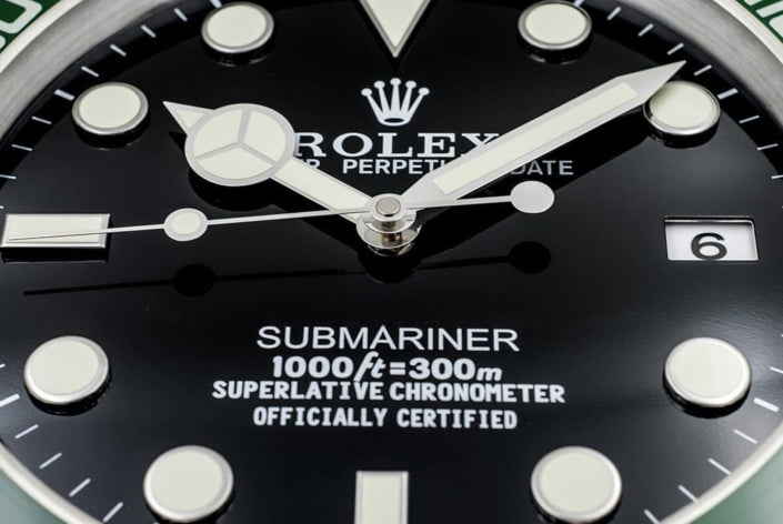 ROLEX SUBMARINER WALL CLOCK - BLACK DIAL, GREEN “STARBUCK” BEZEL, STAINLESS STEEL, 35CM