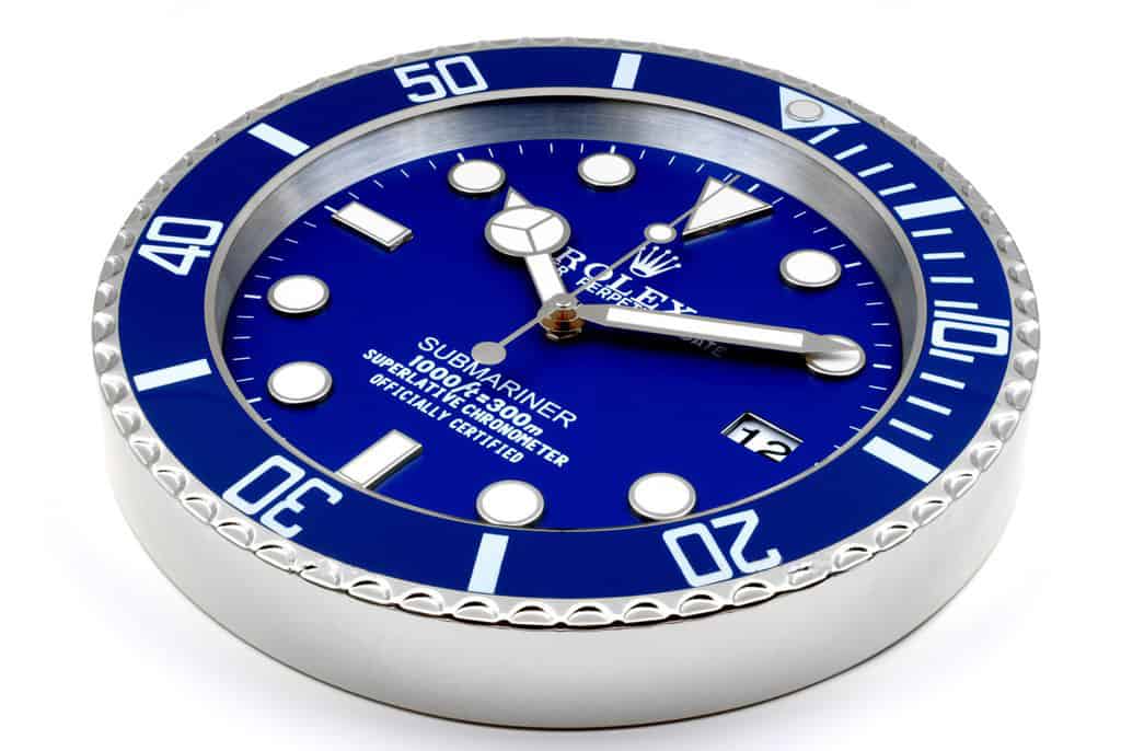 ROLEX SUBMARINER WALL CLOCK - VIVID BLUE DIAL, WHITE BEZEL, STAINLESS STEEL, 35CM