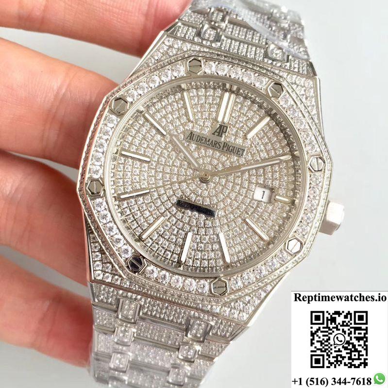 Audemars Piguet Royal Oak 15400.Or Full Diamond White Dial-Rep Time Watches