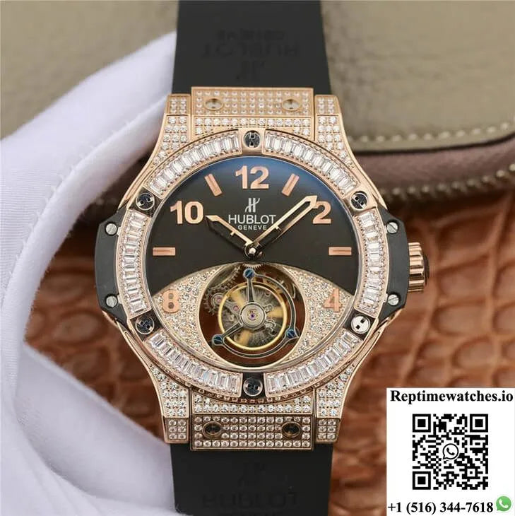 Hublot Big Bang Tourbillon Rose Gold Diamond Black Dial-Rep Time Watches