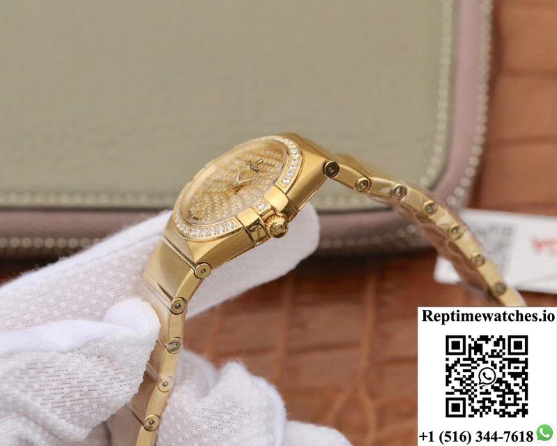 Omega Constellation Ladies 27Mm Tw Factory 18K Yellow Gold Textured Diamond Dial-Rep Time Watches