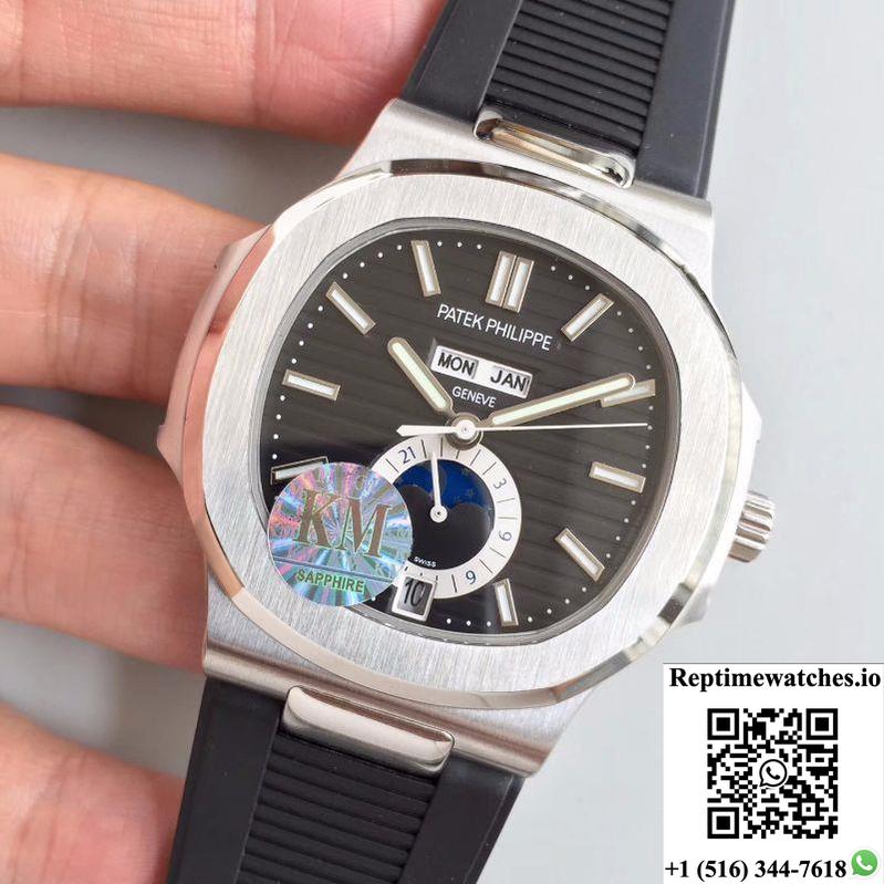 Patek Philippe Nautilus Annual Calendar Moonphase 5726A Km Factory V2 Black Dial-Rep Time Watches