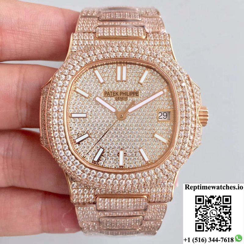 Patek Philippe Nautilus Jumbo 5719/10G-010 Rose Gold Full Diamond Dial-Rep Time Watches