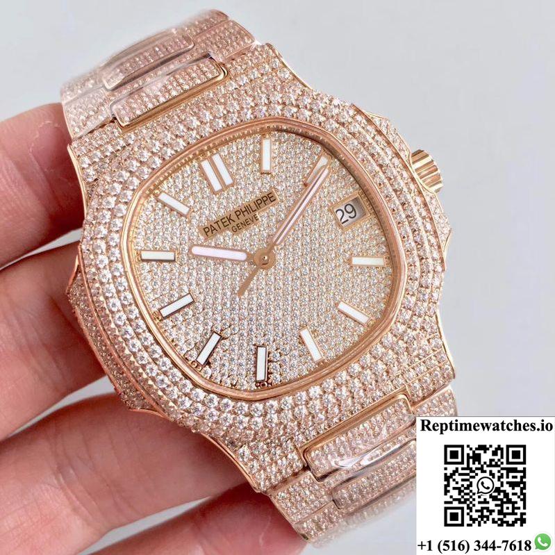 Patek Philippe Nautilus Jumbo 5719/10G-010 Rose Gold Full Diamond Dial-Rep Time Watches