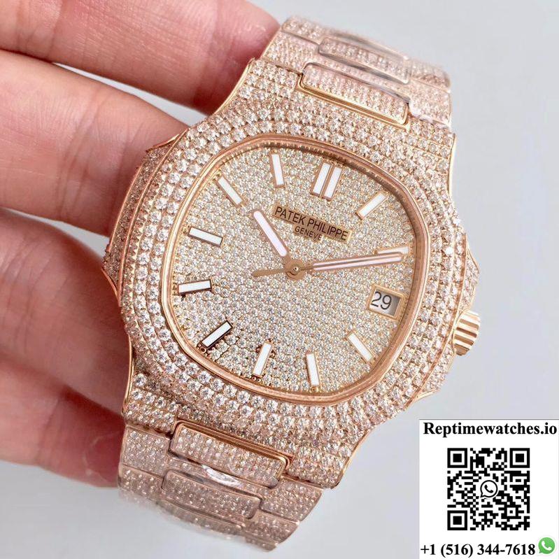 Patek Philippe Nautilus Jumbo 5719/10G-010 Rose Gold Full Diamond Dial-Rep Time Watches
