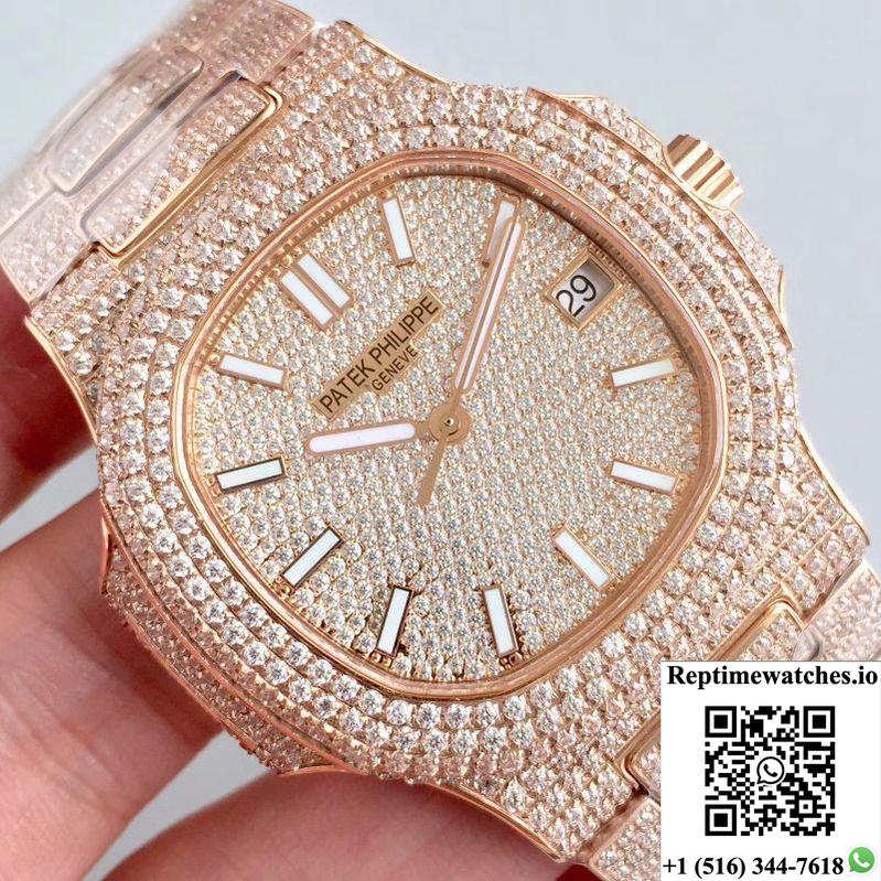 Patek Philippe Nautilus Jumbo 5719/10G-010 Rose Gold Full Diamond Dial-Rep Time Watches