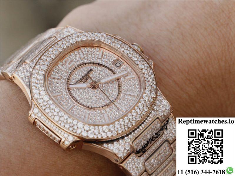 Patek Philippe Nautilus Jumbo 7021/1R-001 Full Paved Diamonds Dial-Rep Time Watches