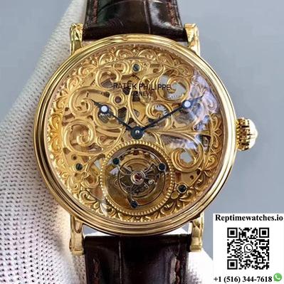 Patek Philippe Tourbillon Yellow Gold Skeleton Dial-Rep Time Watches