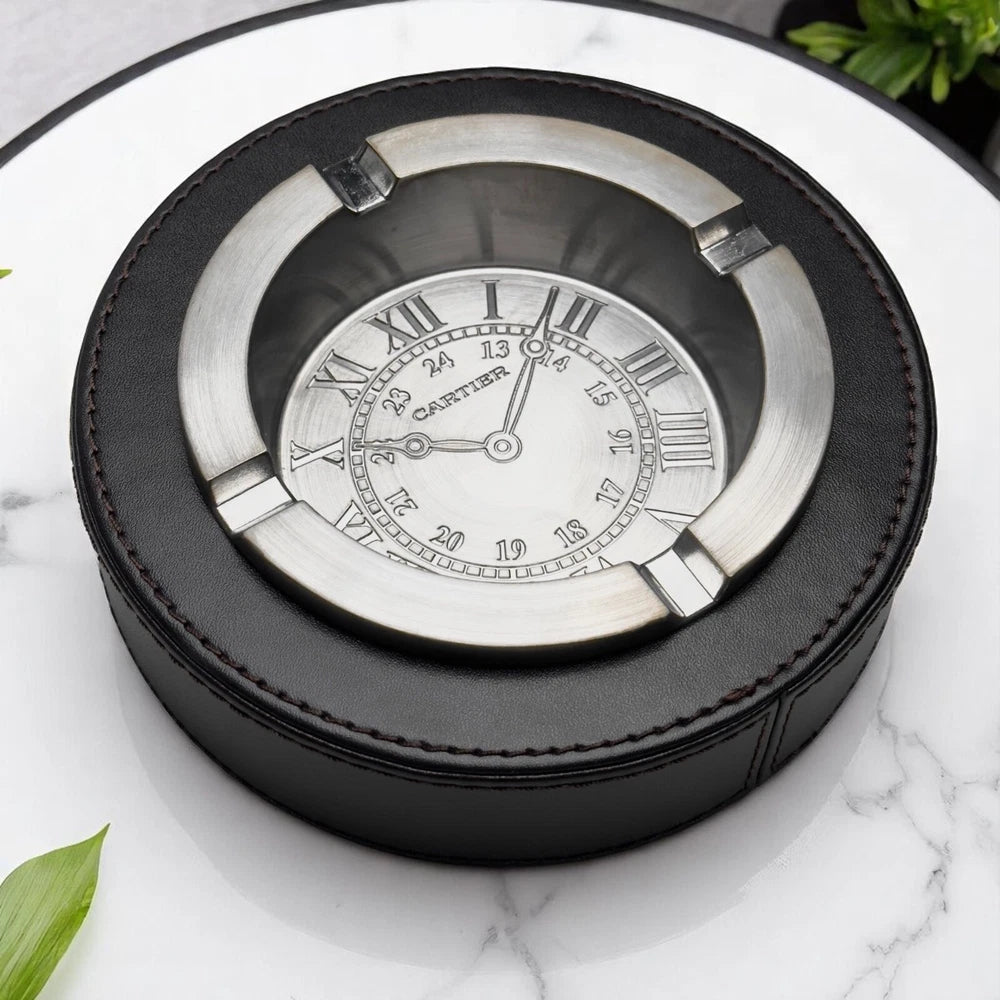 CARTIER RONDE SOLO SILVERTONE ASHTRAY – LEATHER BASE – BOXED COLLECTOR’S PIECE