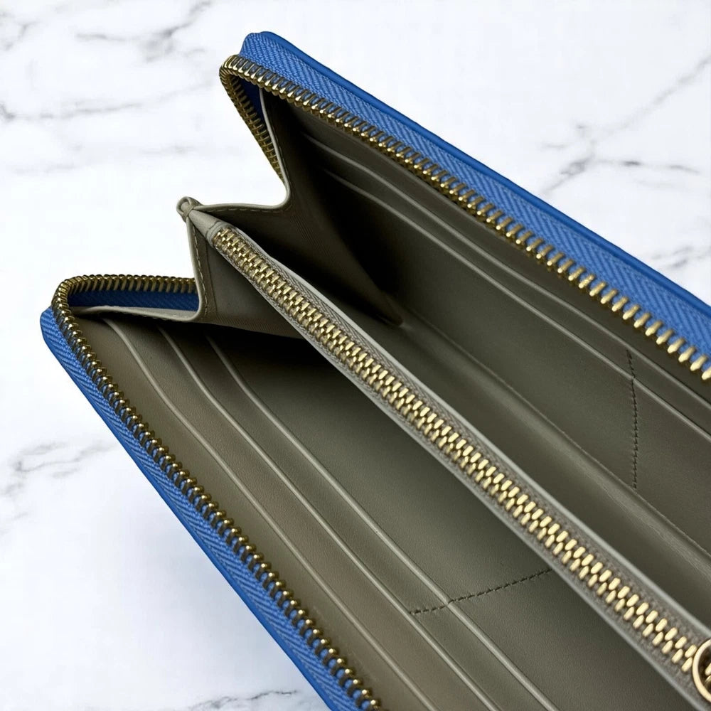 PATEK PHILIPPE AZURE SAFFIANO LEATHER WALLET – GOLD ZIP – CALATRAVA – ITALY