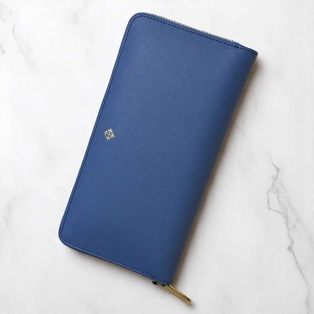 PATEK PHILIPPE AZURE SAFFIANO LEATHER WALLET – GOLD ZIP – CALATRAVA – ITALY