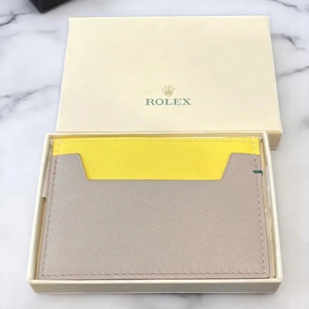 ROLEX GREY LEATHER CARD HOLDER WALLET NEW | AUTHENTIC YELLOW POCKET