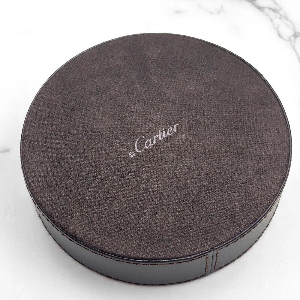 CARTIER RONDE SOLO SILVERTONE ASHTRAY – LEATHER BASE – BOXED COLLECTOR’S PIECE
