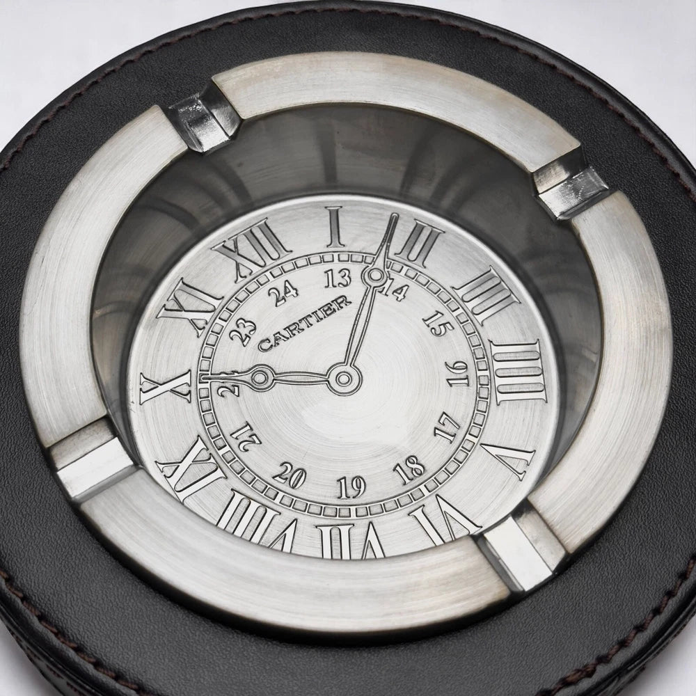 CARTIER RONDE SOLO SILVERTONE ASHTRAY – LEATHER BASE – BOXED COLLECTOR’S PIECE