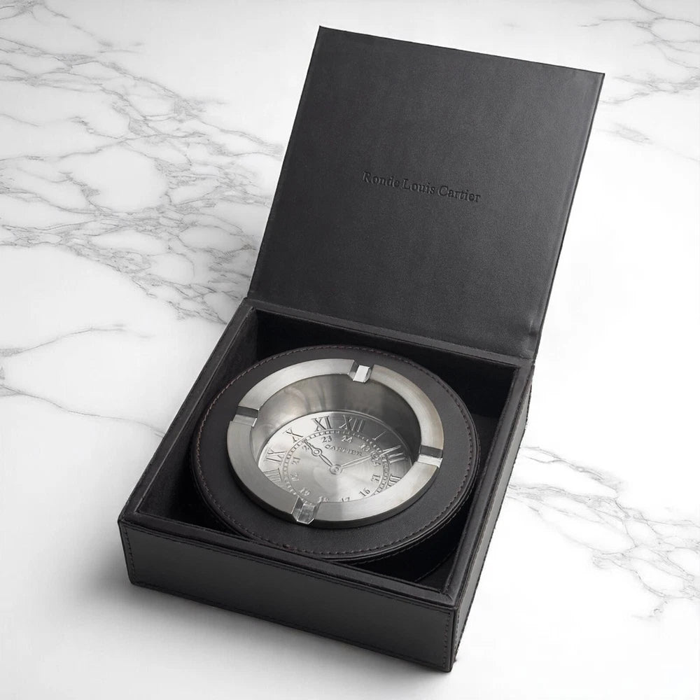 CARTIER RONDE SOLO SILVERTONE ASHTRAY – LEATHER BASE – BOXED COLLECTOR’S PIECE