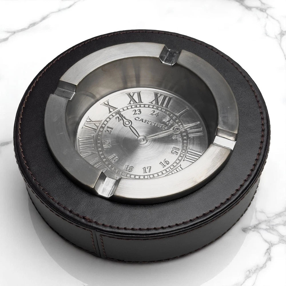 CARTIER RONDE SOLO SILVERTONE ASHTRAY – LEATHER BASE – BOXED COLLECTOR’S PIECE