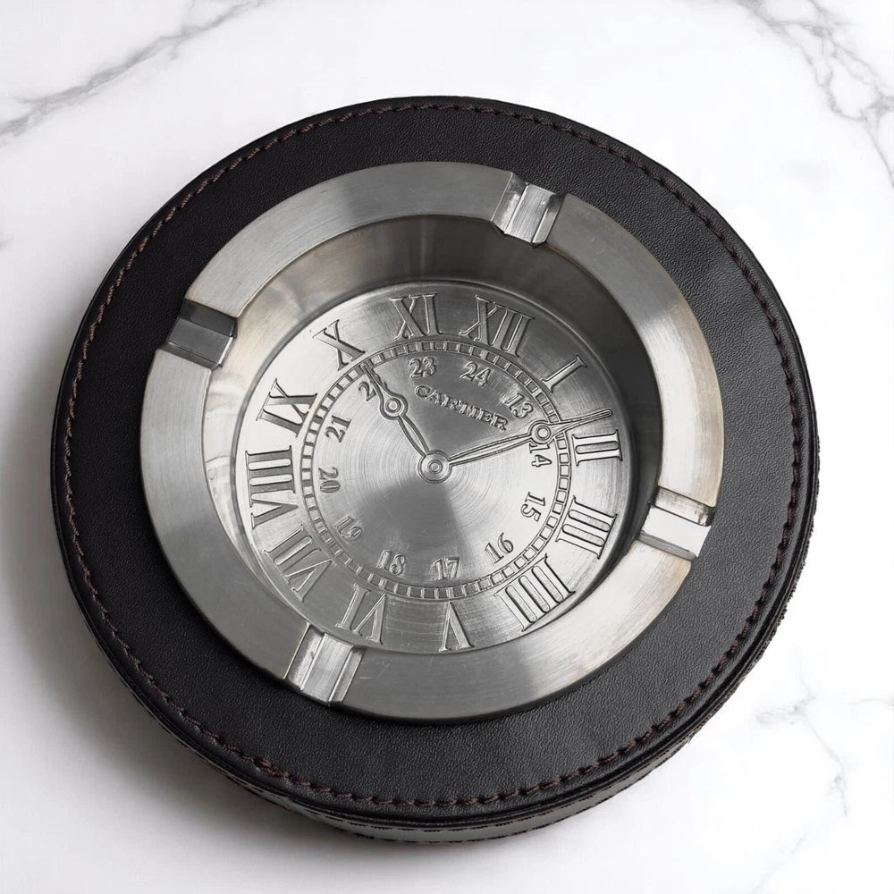 CARTIER RONDE SOLO SILVERTONE ASHTRAY – LEATHER BASE – BOXED COLLECTOR’S PIECE