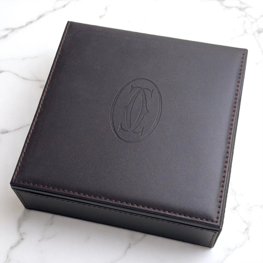 CARTIER RONDE SOLO SILVERTONE ASHTRAY – LEATHER BASE – BOXED COLLECTOR’S PIECE