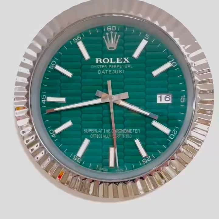 DATEJUST – ROSE SILVER – GREEN – 3 DELUXE METAL WALL CLOCK 35 CM