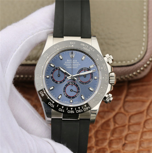 Noob Factory V2 Edition Replica Rolex Daytona 116519 Blue Dial with Super Clone 4130 Movement Black Rubber Strap
