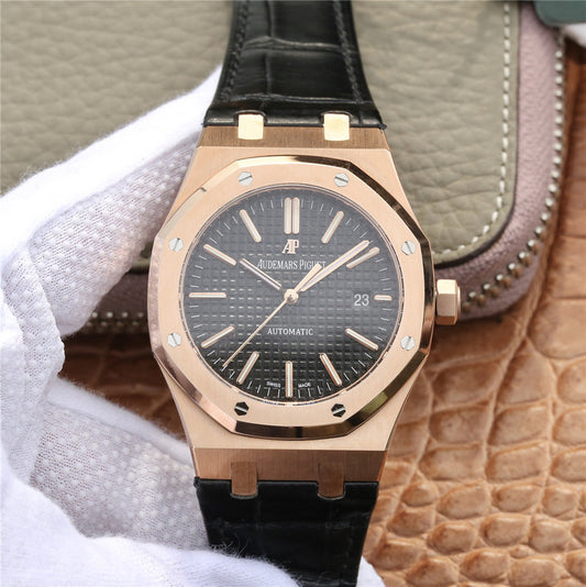 Om Factory Replica Audemars Piguet Royal Oak 15400 Rose Gold Watch with Black Leather Strap