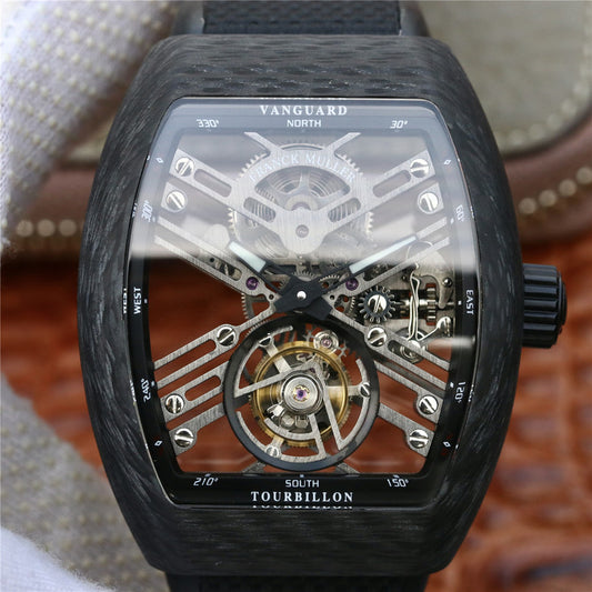 Replica Franck Muller Vanguard V45 T Sqt Real Carbon Watch with Miyota 9015 Movement Black Gummy Strap