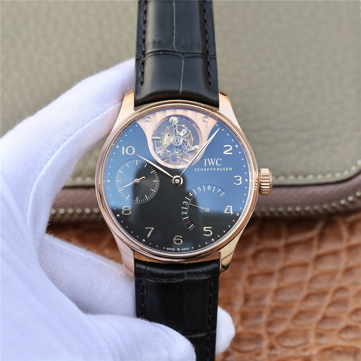 Zf Factory Replica Iwc Portuguese Tourbillon Iw5046 Rose Gold Watch with Black Leather Strap