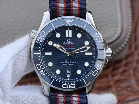 Vs Factory Replica Omega Seamaster 300m Diver Watch with Blue Wave Dial Nylon Strap
